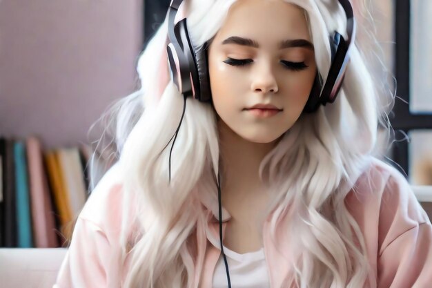 Uma rapariga bonita a ouvir música com fones de ouvido grandes