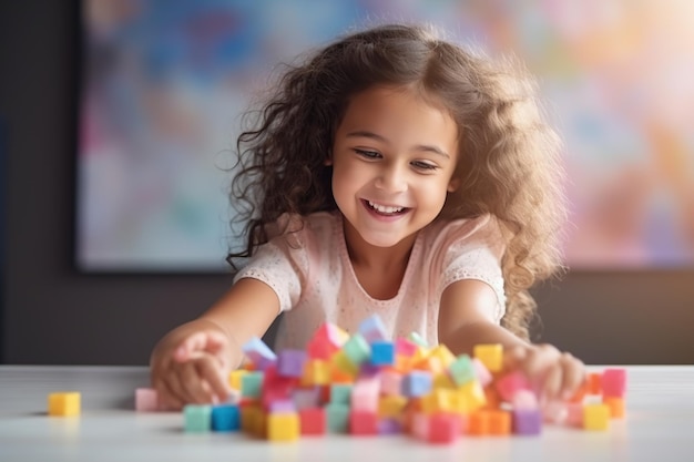 Uma rapariga bonita a sorrir e a brincar com cubos em casa.