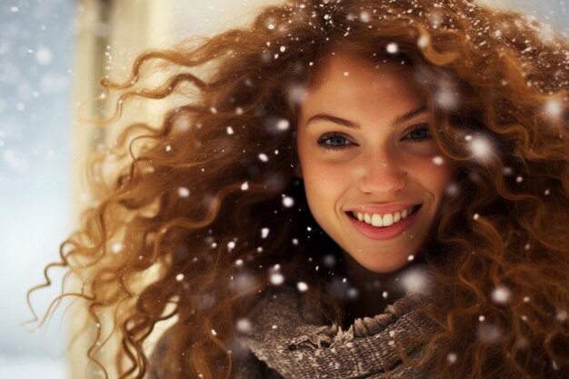 Uma rapariga bonita com flocos de neve a divertir-se.