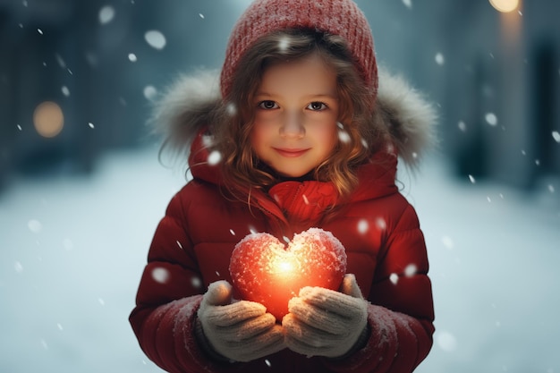 Uma rapariga bonita com um coração vermelho brilhante num Generative Ai coberto de neve.
