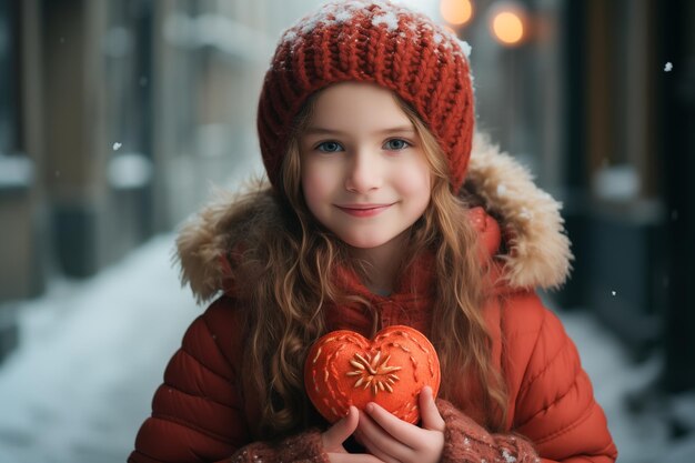 Foto uma rapariga bonita com um coração vermelho brilhante num generative ai coberto de neve.