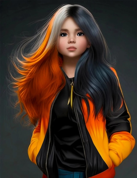 Uma rapariga bonita com um vestido preto e laranja.