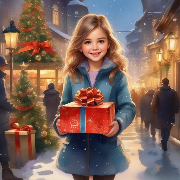 Uma rapariga bonita com uma caixa de presentes Feliz Natal e Feliz Ano Novo