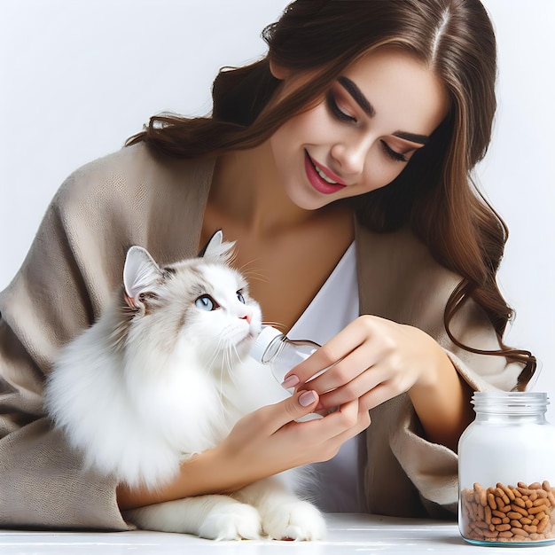Uma rapariga bonita está a dar leite ao seu gato.