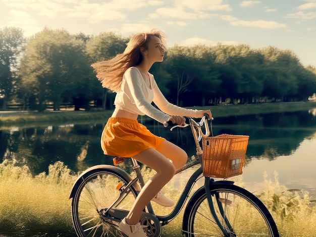 Uma rapariga bonita na bicicleta.