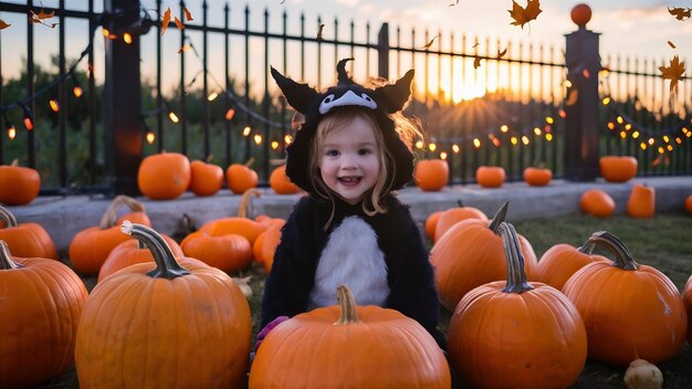 Foto uma rapariga bonita vestida com um fato de halloween ao ar livre com abóboras