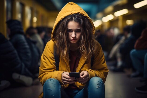 Foto uma rapariga chateada e deprimida com um smartphone sentada na rua.