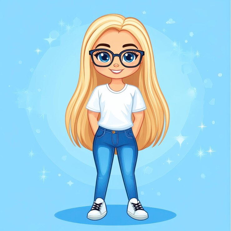 Foto uma rapariga chique com cabelos loiros curtos, óculos chiques, camisola branca e calças jeans, um look à moda.