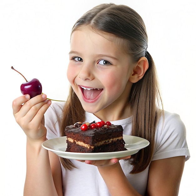 Foto uma rapariga com bolo de cereja com chocolate