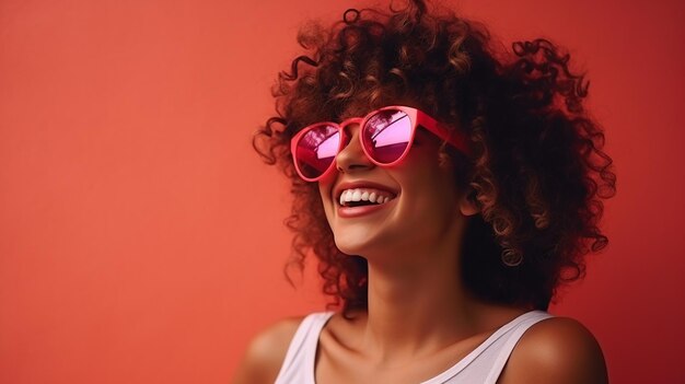 Uma rapariga com cabelo encaracolado e óculos rosa