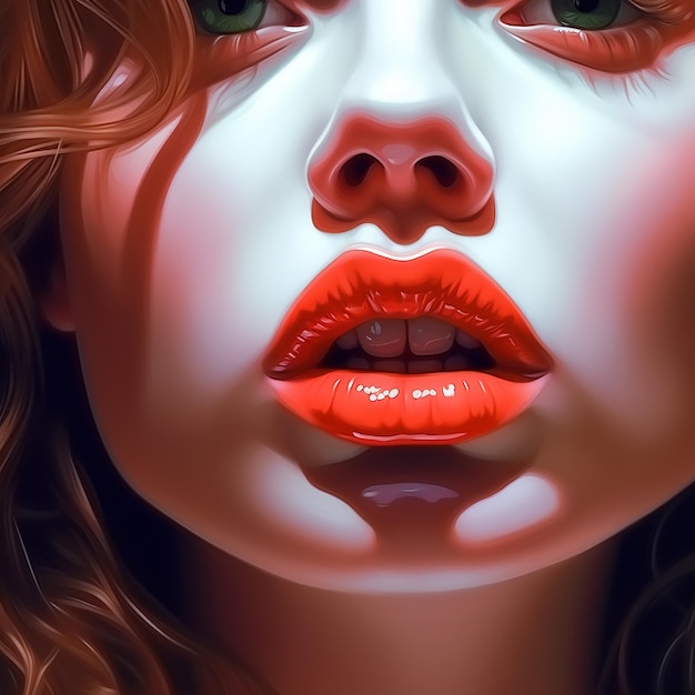 Foto uma rapariga com lábios vermelhos e um batom vermelho nos lábios.