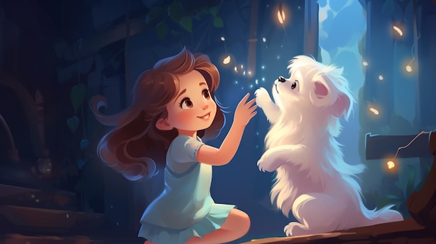 Uma rapariga com o seu cão no seu quarto mágico.