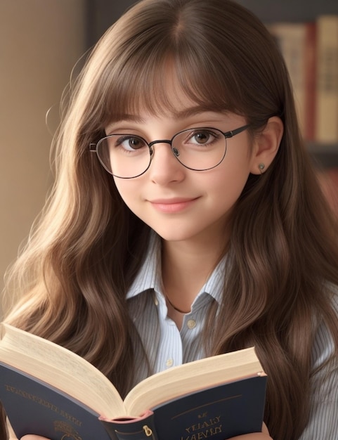 Uma rapariga com óculos a ler um livro com um livro intitulado " A rapariga está a olhar para cima ".