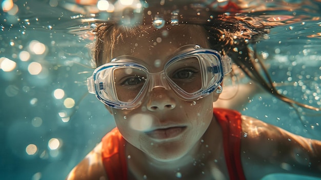 Foto uma rapariga com óculos de proteção que diz que o snorkel está na água.