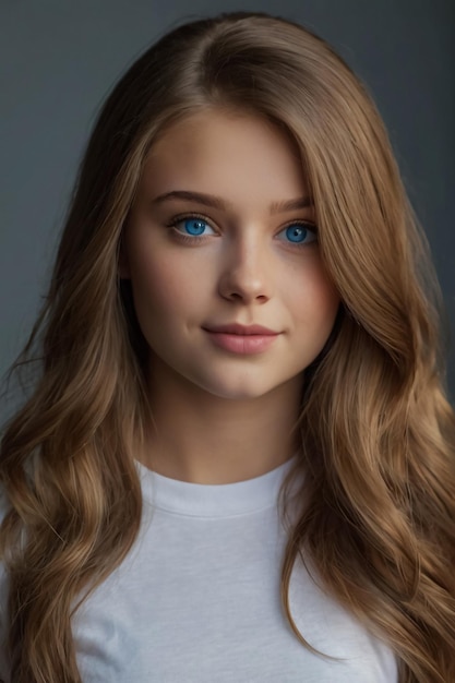 Uma rapariga com olhos azuis e cabelo loiro.