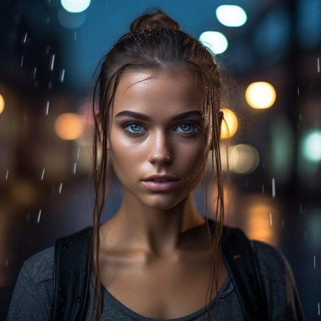 Uma rapariga com olhos azuis e um top preto está de pé na chuva.