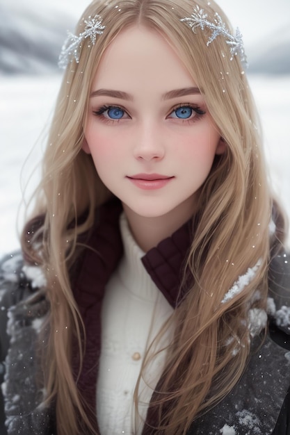 Uma rapariga com olhos azuis na neve