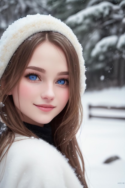 Uma rapariga com olhos azuis na neve