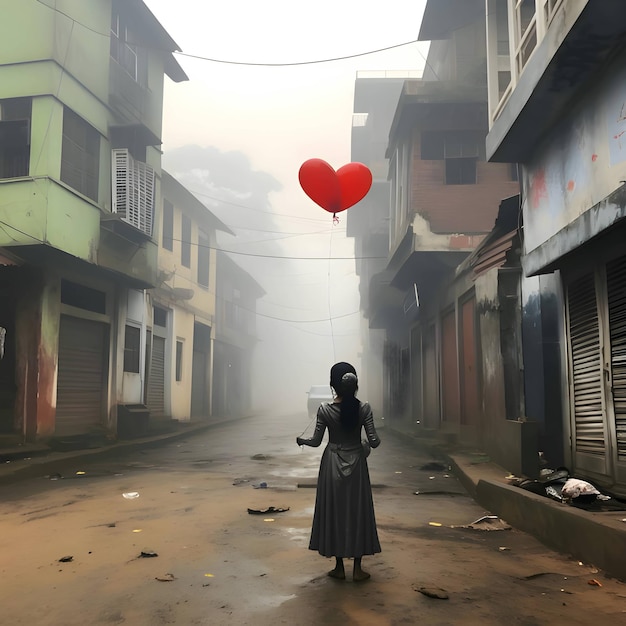 Uma rapariga com um balão de coração vermelho numa cidade abandonada