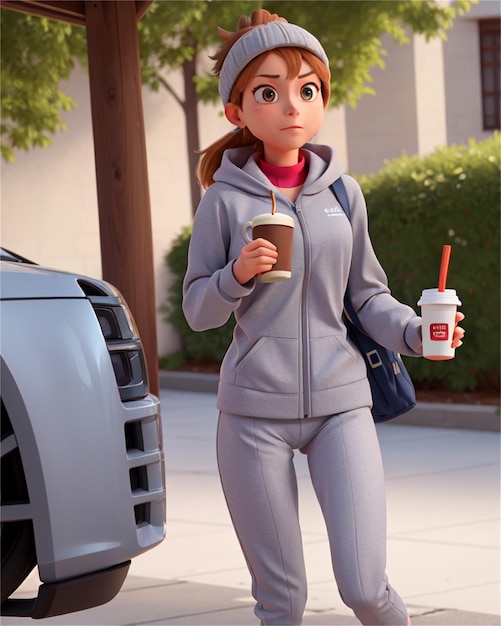 Uma rapariga com um capuz cinzento com uma chávena de café e uma xícara de café.