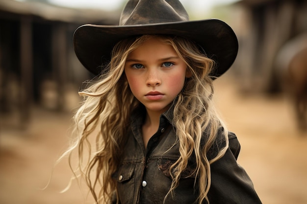 Uma rapariga com um chapéu de cowboy a montar um cavalo numa trilha empoeirada