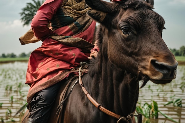 Foto uma rapariga com um vestido longo anda a cavalo na floresta.