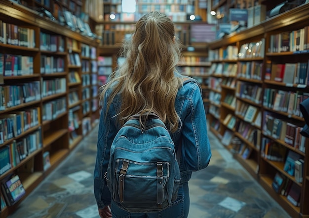 Uma rapariga com uma mochila anda pela biblioteca.