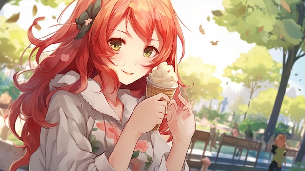 Uma rapariga de anime bonita com gelado.