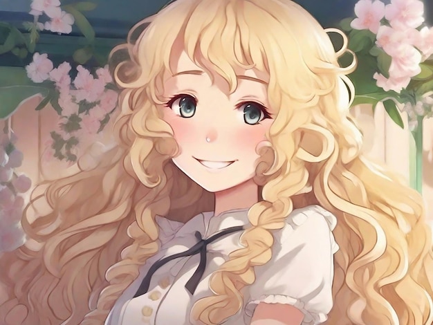 Uma rapariga de anime com cabelos loiros longos e enrolados e um sorriso gentil.