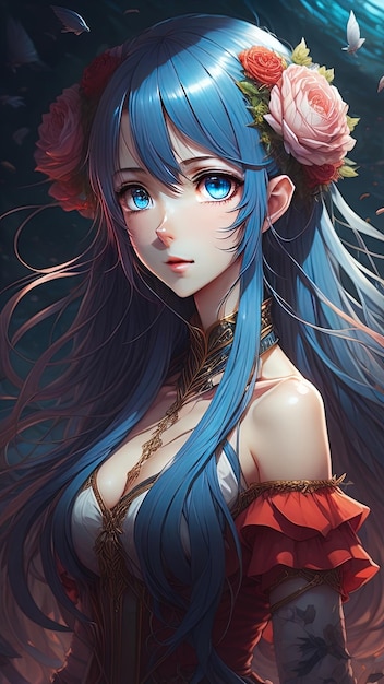 Uma rapariga de anime com olhos azuis e cabelo azul.