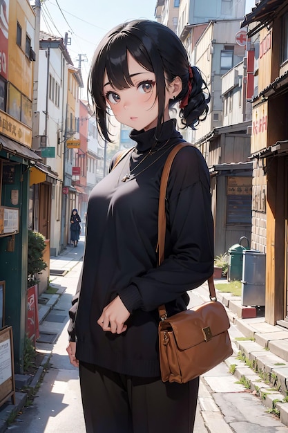 Uma rapariga de anime com uma bolsa no ombro.