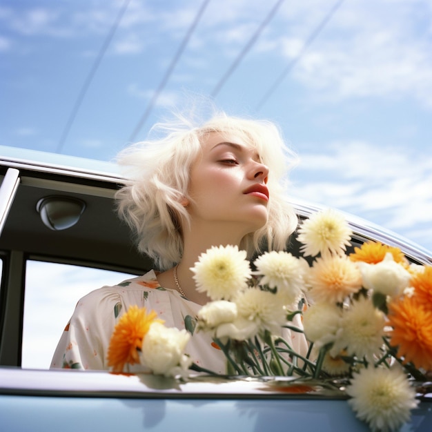 Uma rapariga de cabelo branco sentada num carro cheio de flores.