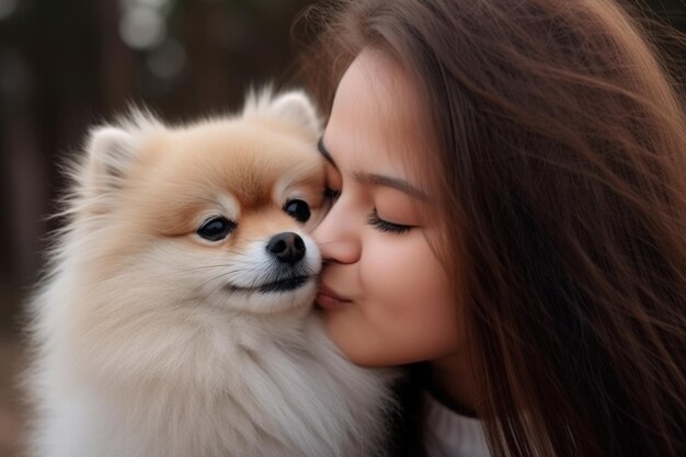 Uma rapariga de cabelo escuro a abraçar um pomeraniano.