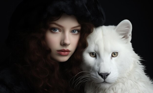 Uma rapariga de cabelo preto com um grande gato branco de verdade