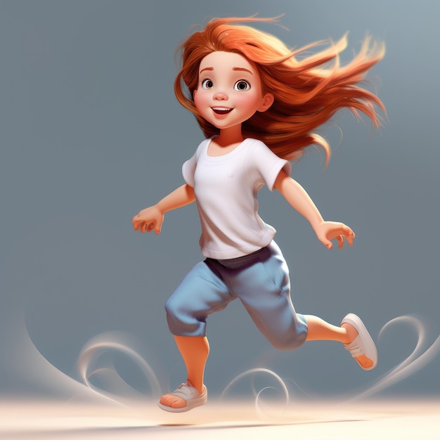Uma rapariga de cabelo vermelho a correr no vento.