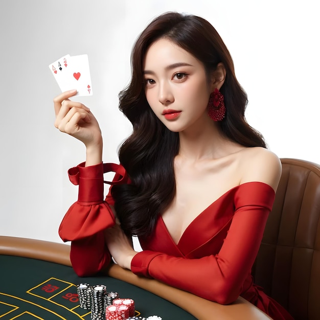 Uma rapariga de casino com um vestido vermelho a jogar póquer.