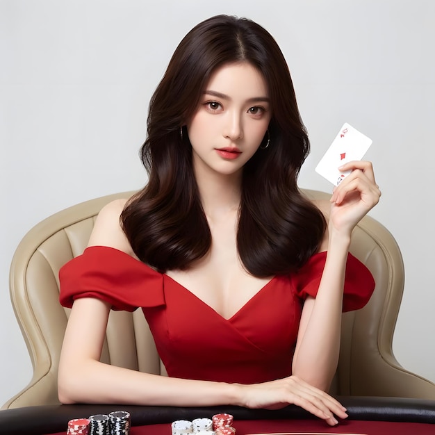 Uma rapariga de casino com um vestido vermelho a jogar póquer.
