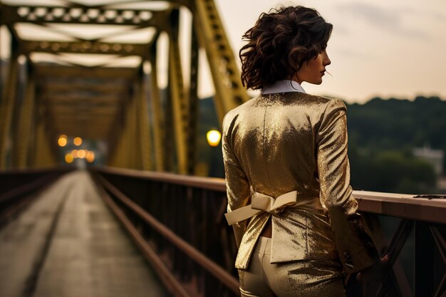 Foto uma rapariga de fato dourado e branco está em frente a uma ponte.