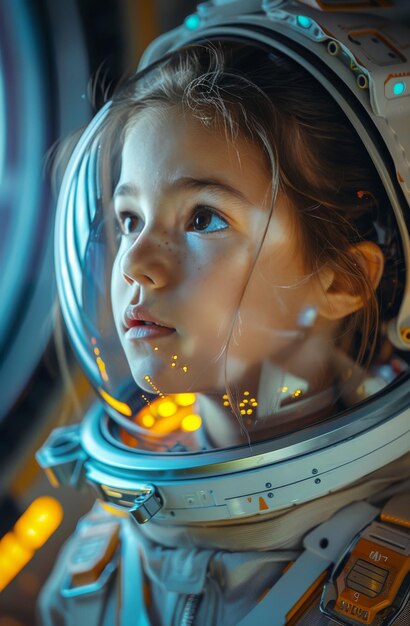 Uma rapariga de fato espacial a olhar pela janela.