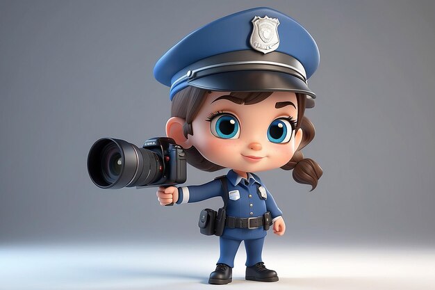 Uma rapariga de polícia de desenho animado com uma câmara 3D