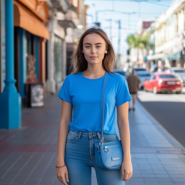Uma rapariga de top azul está de pé numa calçada.