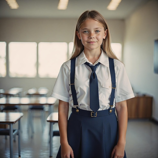 Foto uma rapariga de uniforme escolar feliz e sorridente.