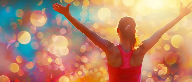 Foto uma rapariga desportiva levanta os braços para o belo sol brilhante o conceito de desporto e sucesso na vida