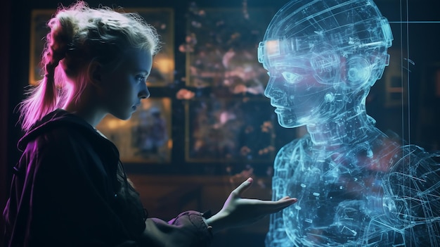 Uma rapariga do futuro interage com um holograma de Inteligência Artificial parecido com um rapaz.
