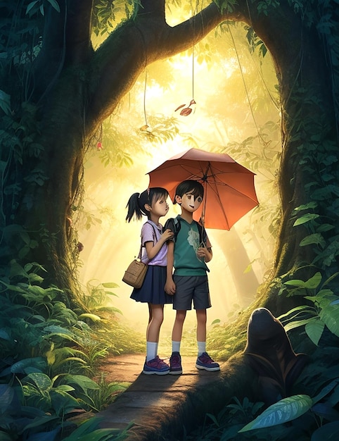Uma rapariga e um rapaz a caminhar na floresta