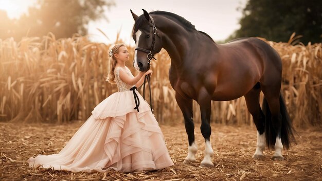 Uma rapariga elegante numa quinta com um cavalo.