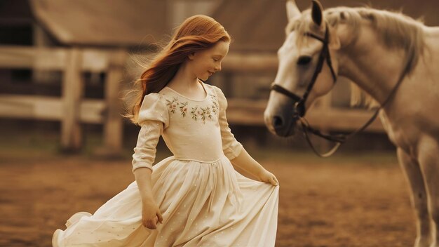 Foto uma rapariga elegante numa quinta com um cavalo.