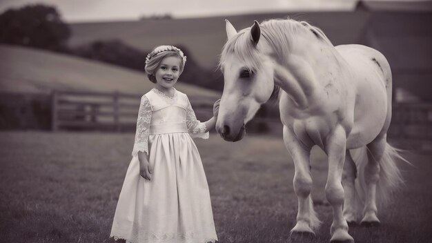 Uma rapariga elegante numa quinta com um cavalo.