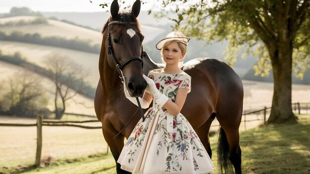 Foto uma rapariga elegante numa quinta com um cavalo.