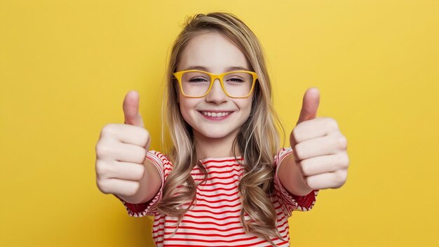 Uma rapariga encantadora e sorridente com óculos amarelos a piscar e a mostrar o polegar para cima.